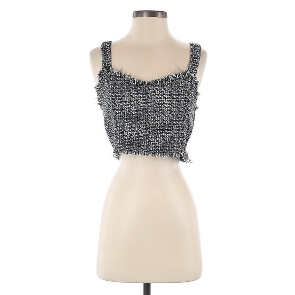 Vestique Black & White Tweed Sleeveless Sweetheart Neckline Cropped Tank Top - Picture 3 of 11